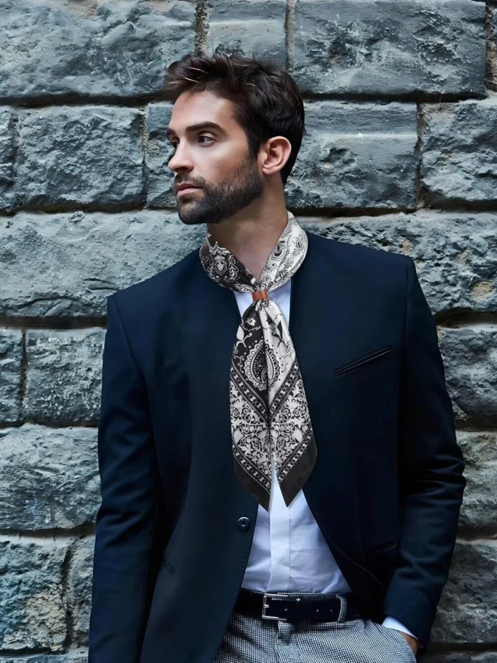 Men's Black Beige 35 Inch Wild Rag Neckerchief Silk Western Bandana Neck Scarf